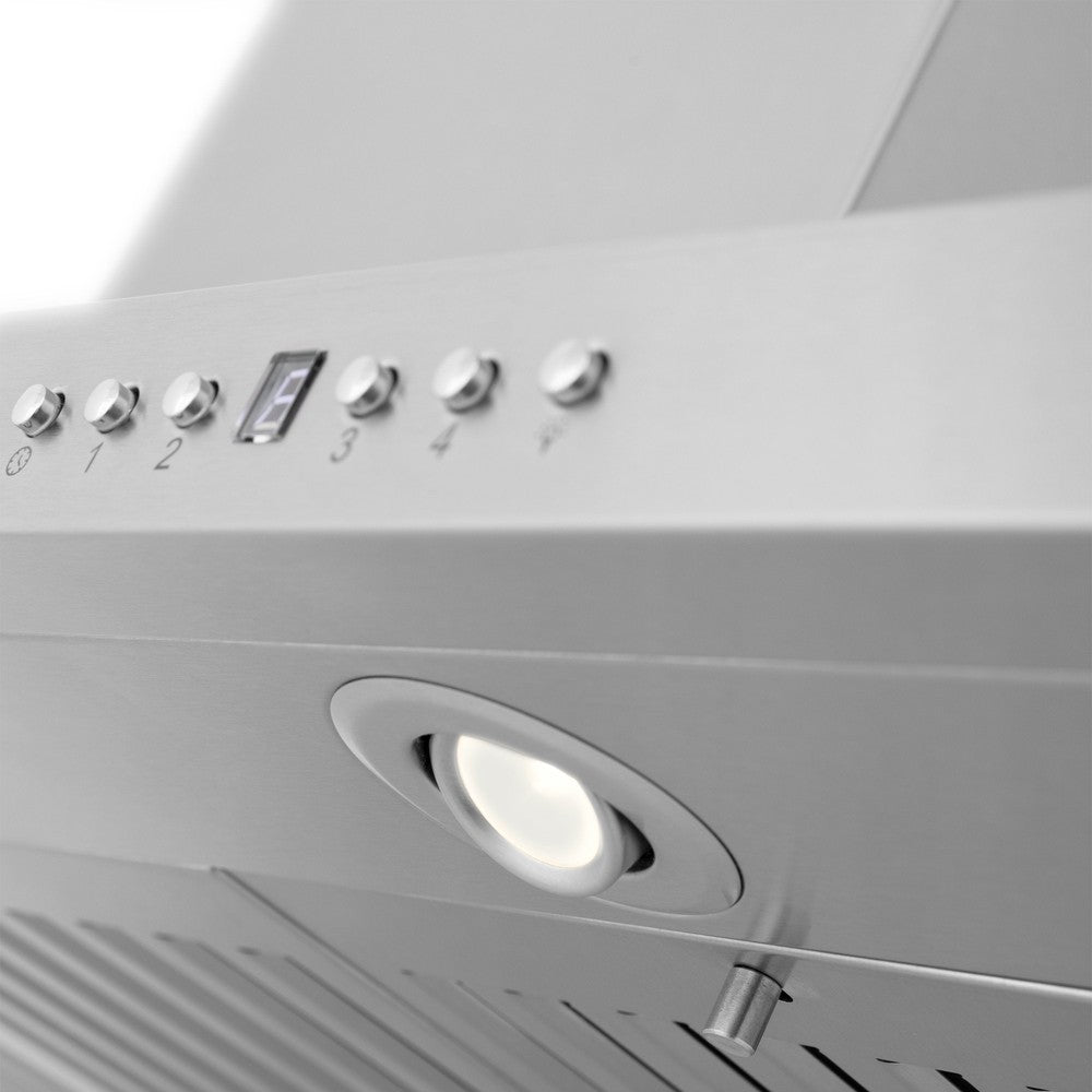 ZLINE 30 in. CrownSound™ Ducted Vent Island Mount Range Hood in Stainless Steel with Built-in Bluetooth Speakers (GL2iCRN-BT-30) built-in lighting.
