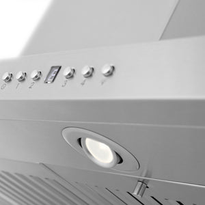 ZLINE 30 in. CrownSound™ Ducted Vent Island Mount Range Hood in Stainless Steel with Built-in Bluetooth Speakers (GL2iCRN-BT-30) built-in lighting.