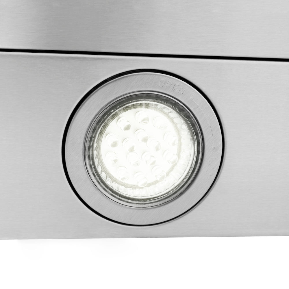ZLINE 30 in. Alpine Series Convertible Island Mount Range Hood in Stainless Steel and Glass (ALP70IS-30) built-in lighting.