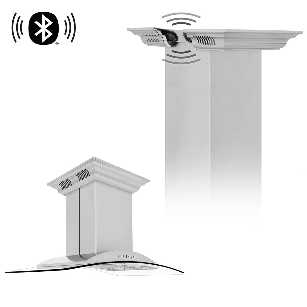 ZLINE 30 in. CrownSound™ Ducted Vent Island Mount Range Hood in Stainless Steel and Glass with Built-in Bluetooth Speakers (GL9iCRN-BT-30)