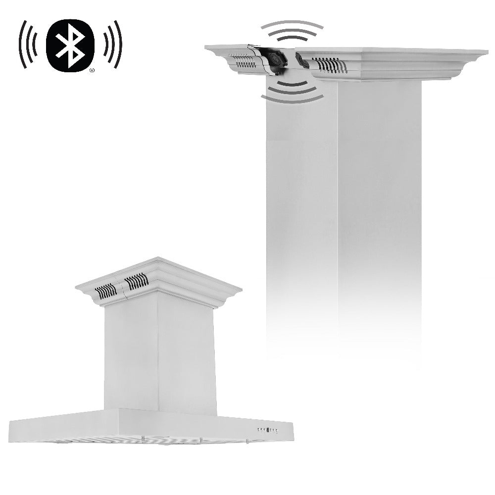 ZLINE 30 in. CrownSound™ Ducted Vent Island Mount Range Hood in Stainless Steel with Built-in Bluetooth Speakers (KE2iCRN-BT-30)