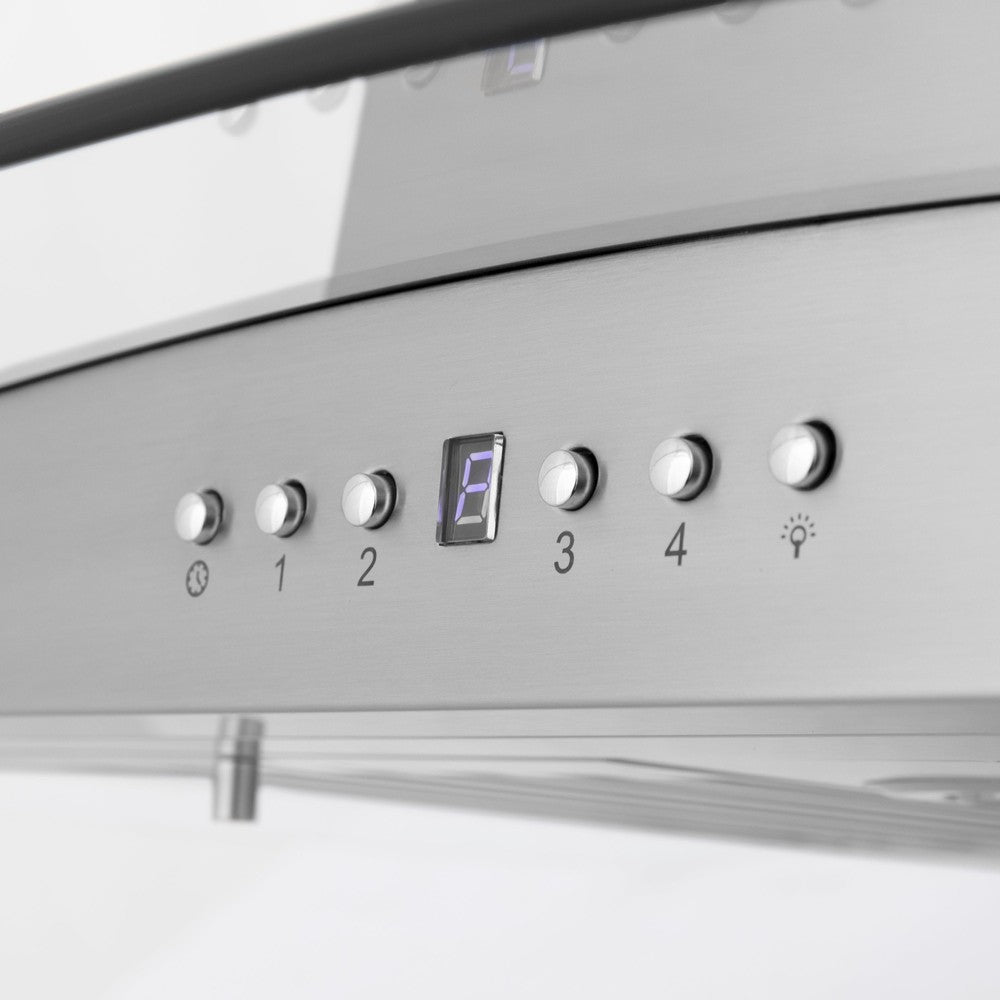 ZLINE 30 in. CrownSound™ Ducted Vent Island Mount Range Hood in Stainless Steel and Glass with Built-in Bluetooth Speakers (GL5iCRN-BT-30) buttons.