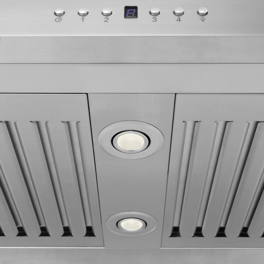 ZLINE 30 in. CrownSound™ Ducted Vent Island Mount Range Hood in Stainless Steel and Glass with Built-in Bluetooth Speakers (GL5iCRN-BT-30) built-in lighting.