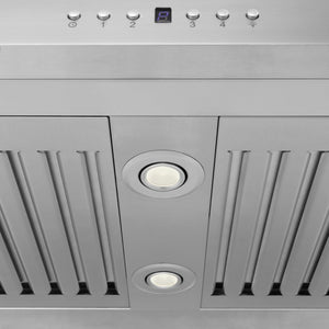 ZLINE 30 in. CrownSound™ Ducted Vent Island Mount Range Hood in Stainless Steel and Glass with Built-in Bluetooth Speakers (GL5iCRN-BT-30) built-in lighting.