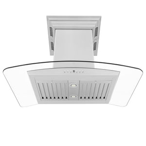 ZLINE 36 in. CrownSound™ Ducted Vent Island Mount Range Hood in Stainless Steel and Glass with Built-in Bluetooth Speakers (GL5iCRN-BT-36) front, under.