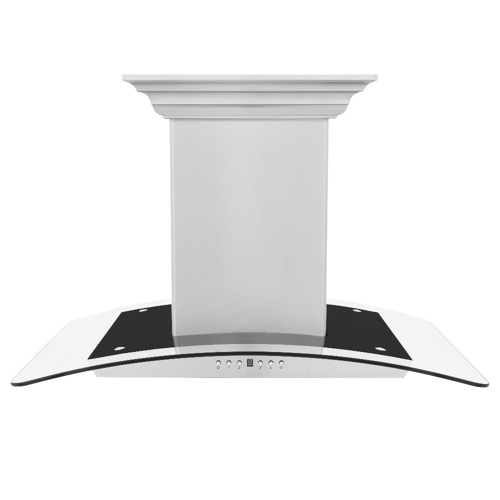 ZLINE 36 in. CrownSound™ Ducted Vent Island Mount Range Hood in Stainless Steel and Glass with Built-in Bluetooth Speakers (GL5iCRN-BT-36) front.