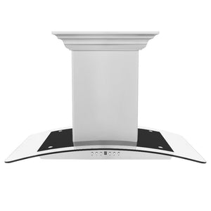 ZLINE 36 in. CrownSound™ Ducted Vent Island Mount Range Hood in Stainless Steel and Glass with Built-in Bluetooth Speakers (GL5iCRN-BT-36) front.