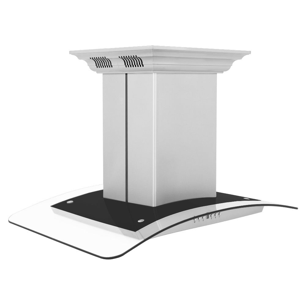 ZLINE 30 in. CrownSound™ Ducted Vent Island Mount Range Hood in Stainless Steel and Glass with Built-in Bluetooth Speakers (GL5iCRN-BT-30) side.