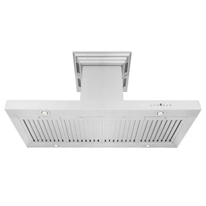 ZLINE 48 in. CrownSound™ Ducted Vent Island Mount Range Hood in Stainless Steel with Built-in Bluetooth Speakers (KE2iCRN-BT-48) front, under.