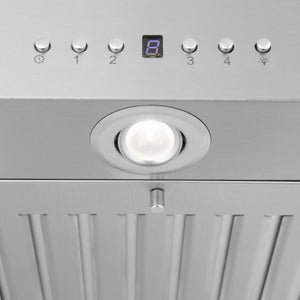 ZLINE 48 in. CrownSound™ Ducted Vent Island Mount Range Hood in Stainless Steel with Built-in Bluetooth Speakers (KE2iCRN-BT-48) built-in lighting.