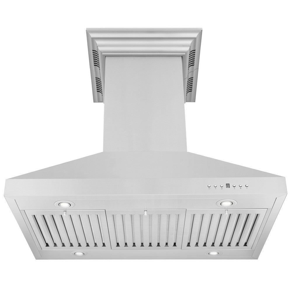 ZLINE 42 in. CrownSound™ Ducted Vent Island Mount Range Hood in Stainless Steel with Built-in Bluetooth Speakers (KL3iCRN-BT-42) front, under.