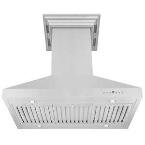 ZLINE 36 in. CrownSound™ Ducted Vent Island Mount Range Hood in Stainless Steel with Built-in Bluetooth Speakers (KL3iCRN-BT-36) front, under.