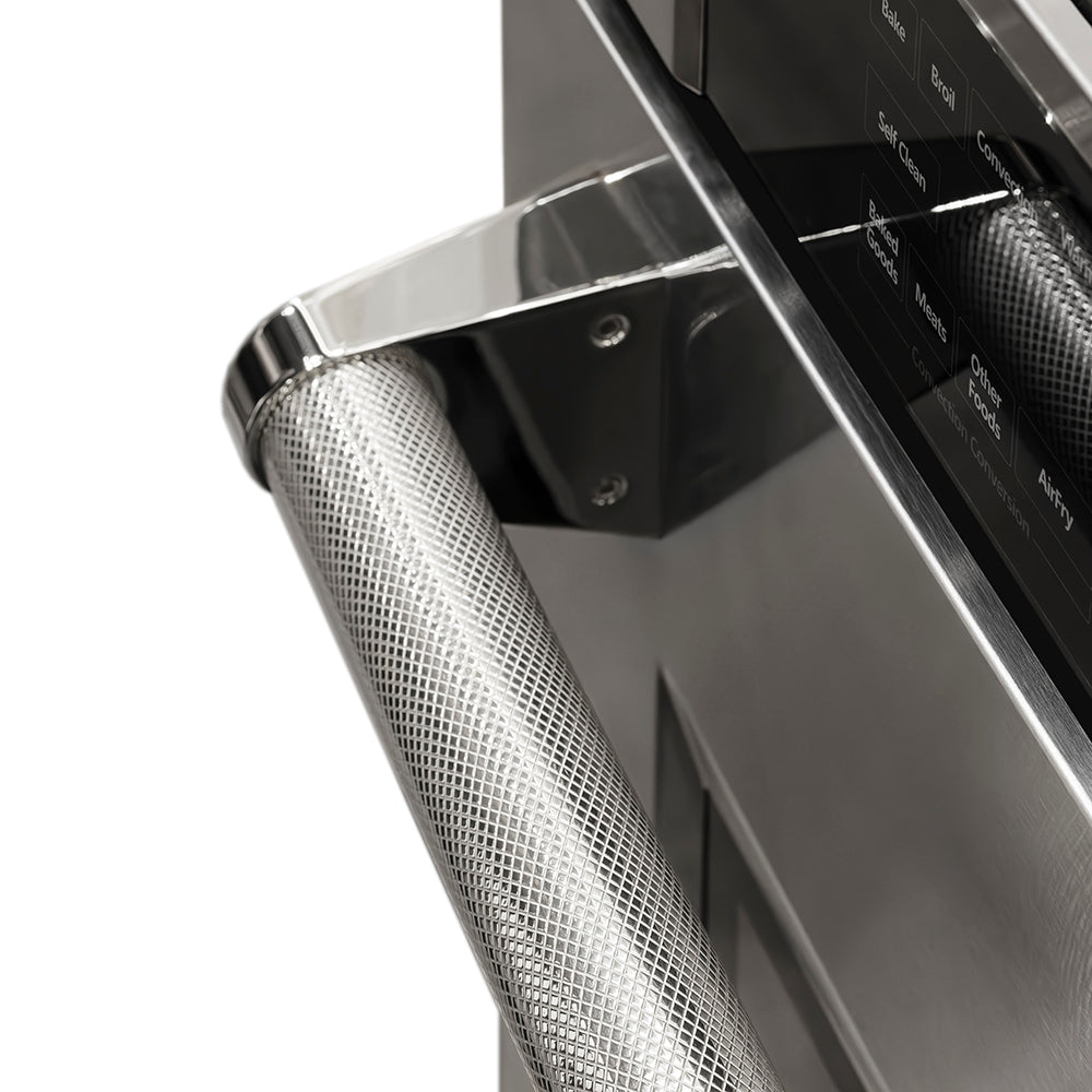 ZLINE Autograph Edition 30 in. Professional True Convection Double Wall Oven with Air Fry and Self Clean in Stainless Steel with Polished Nickel Helix Handles (WADZ-30-KPN) Helix handle close-up showing knurled diamond texture.