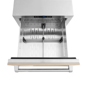 ZLINE 24 in. Touchstone 168 Can Outdoor-Rated Dual Refrigerator Drawer with Panel-Ready Doors (RDSPO-24) above, drawer open, with drawer divider installed.