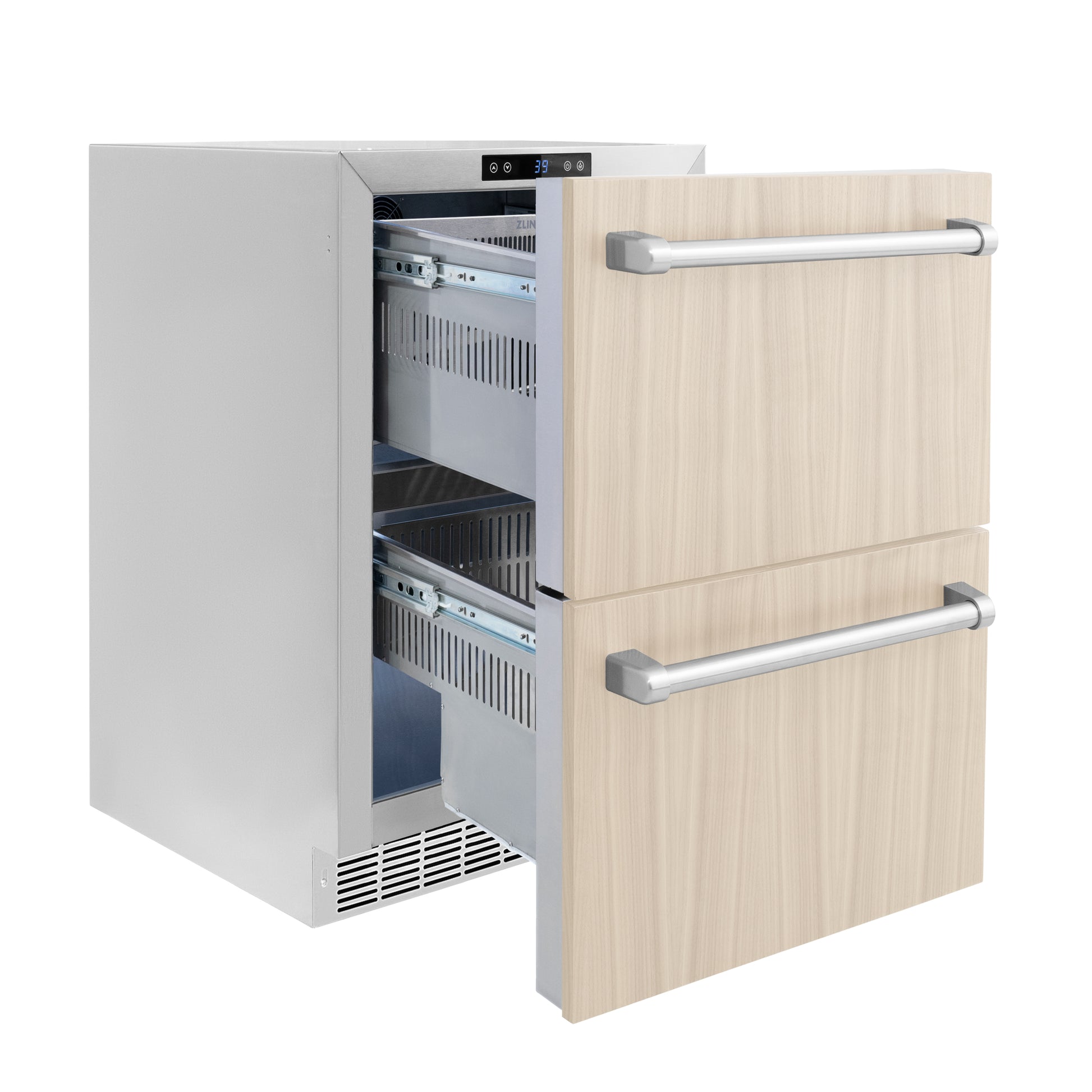 ZLINE 24 in. Touchstone 168 Can Outdoor-Rated Dual Refrigerator Drawer with Panel-Ready Doors (RDSPO-24) side, open, empty.