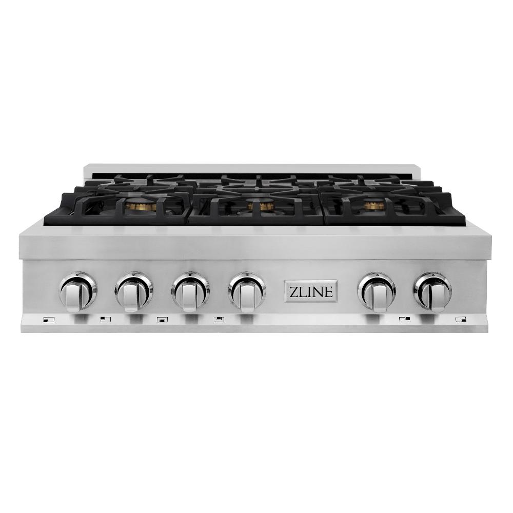 ZLINE 36 in. Stainless Steel Gas Rangetop with 6 Gas Brass Burners (RT-BR-36) front.