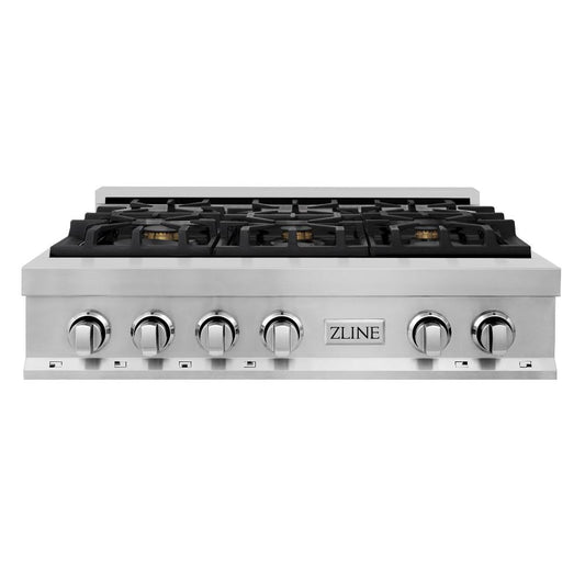 ZLINE 36 in. Stainless Steel Gas Rangetop with 6 Gas Brass Burners (RT-BR-36) front.