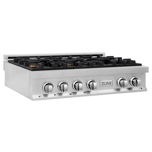 ZLINE 36 in. Stainless Steel Gas Rangetop with 6 Gas Brass Burners (RT-BR-36) side.