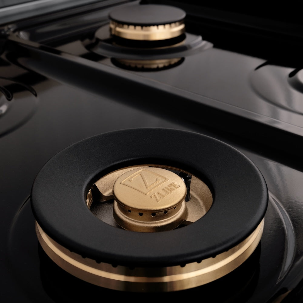 ZLINE 48 in. Legacy Gas Rangetop with 6 Brass Burners and Porcelain Cooktop in Stainless Steel (RT-BR-48) close-up, brass burner.