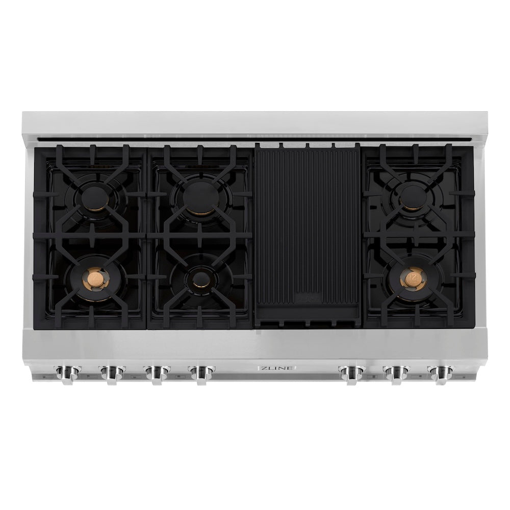 ZLINE 48 in. Legacy Gas Rangetop with 6 Brass Burners and Porcelain Cooktop in Stainless Steel (RT-BR-48) top-down, above cooking surface.