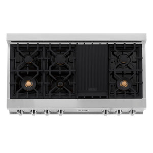 ZLINE 48 in. Legacy Gas Rangetop with 6 Brass Burners and Porcelain Cooktop in Stainless Steel (RT-BR-48) top-down, above cooking surface.