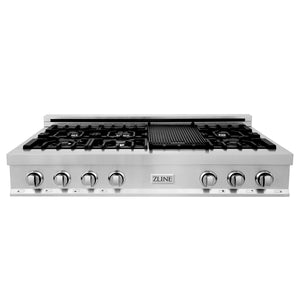 ZLINE 48 in. Porcelain Gas Rangetop with 7 Gas Burners and Griddle (RT48) front.