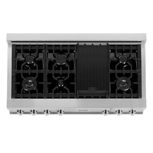 ZLINE 48 in. Porcelain Gas Rangetop with 7 Gas Burners and Griddle (RT48) from above showing gas burners and cast-iron grates.