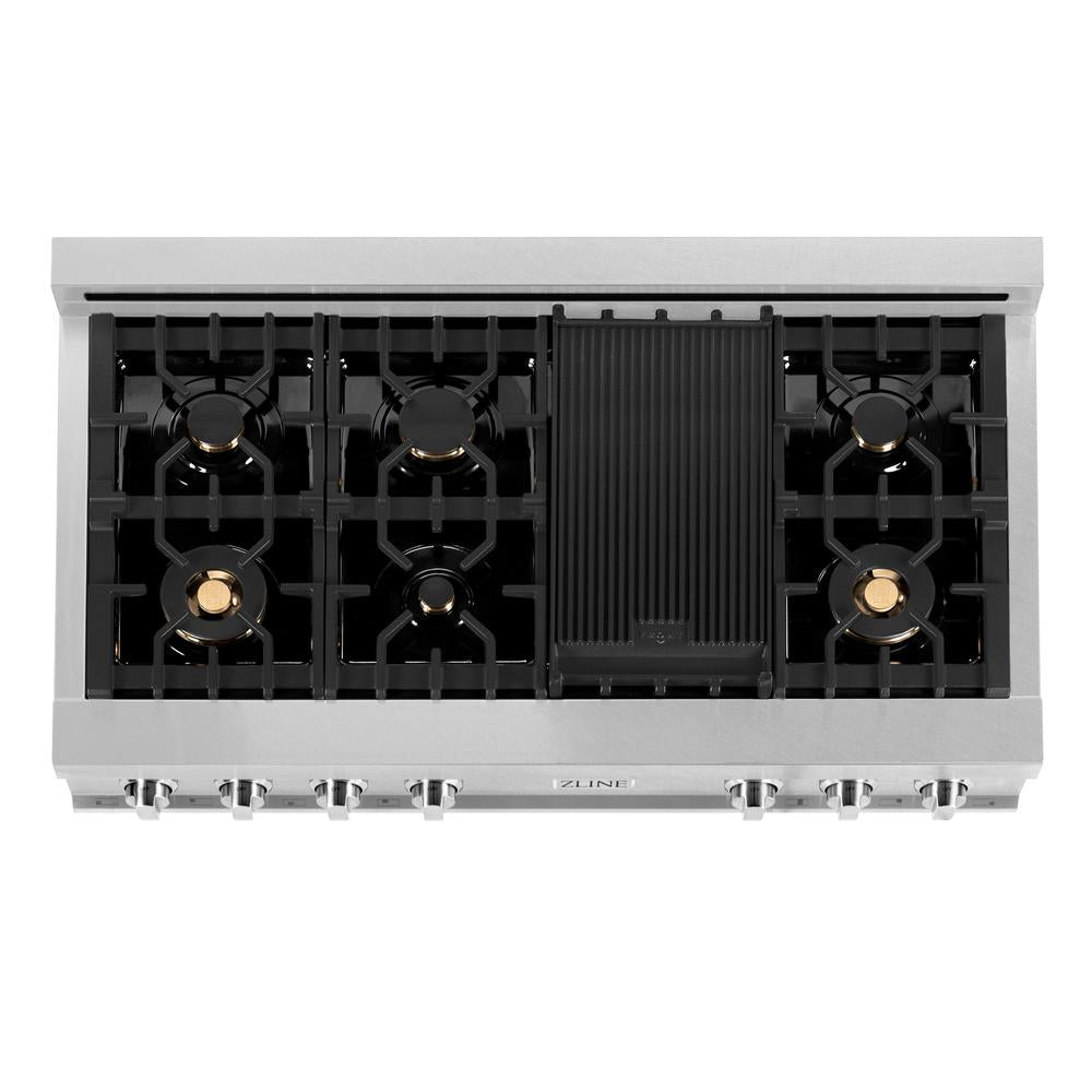 ZLINE 48 in. Legacy Gas Rangetop with 6 Brass Burners and Porcelain Cooktop in Satin Stainless Steel (RTS-BR-48) top-down, above cooking surface.