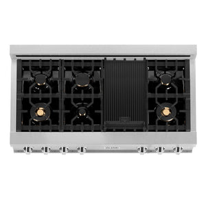 ZLINE 48 in. Legacy Gas Rangetop with 6 Brass Burners and Porcelain Cooktop in Satin Stainless Steel (RTS-BR-48) top-down, above cooking surface.