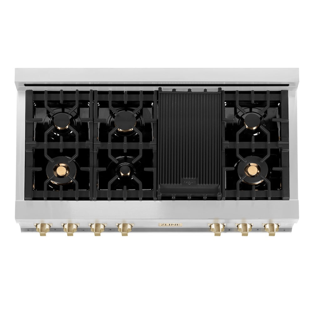 ZLINE Autograph Edition 48 in. Legacy Gas Rangetop with 7 Burners and Porcelain Cooktop in Stainless Steel with Polished Gold Accents (RTZ-48-G) top-down, above cooking surface.