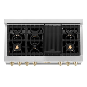 ZLINE Autograph Edition 48 in. Legacy Gas Rangetop with 7 Burners and Porcelain Cooktop in Stainless Steel with Polished Gold Accents (RTZ-48-G) top-down, above cooking surface.