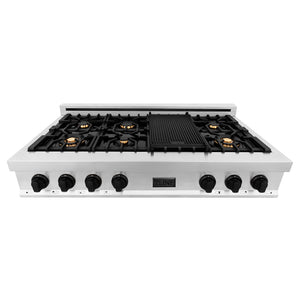 ZLINE Autograph Edition 48 in. Porcelain Rangetop with 7 Gas Burners in Stainless Steel with Matte Black Accents (RTZ-48-MB) front, high angle