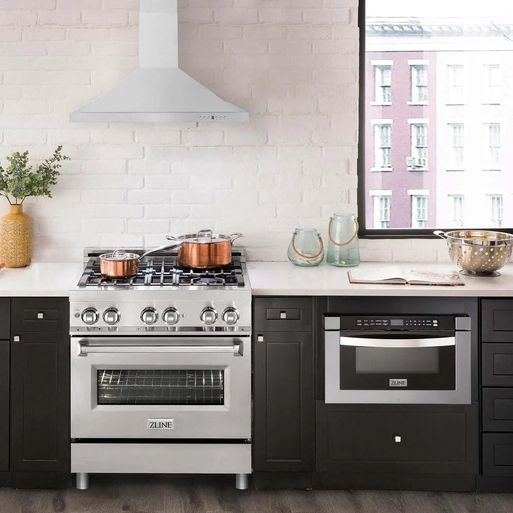 ZLINE 30 in. Kitchen Package with Stainless Steel Dual Fuel Range and Convertible Vent Range Hood (2KP-RARH30) in a modern apartment kitchen.