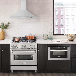 ZLINE 30 in. Kitchen Package with Stainless Steel Dual Fuel Range and Convertible Vent Range Hood (2KP-RARH30) in a modern apartment kitchen.