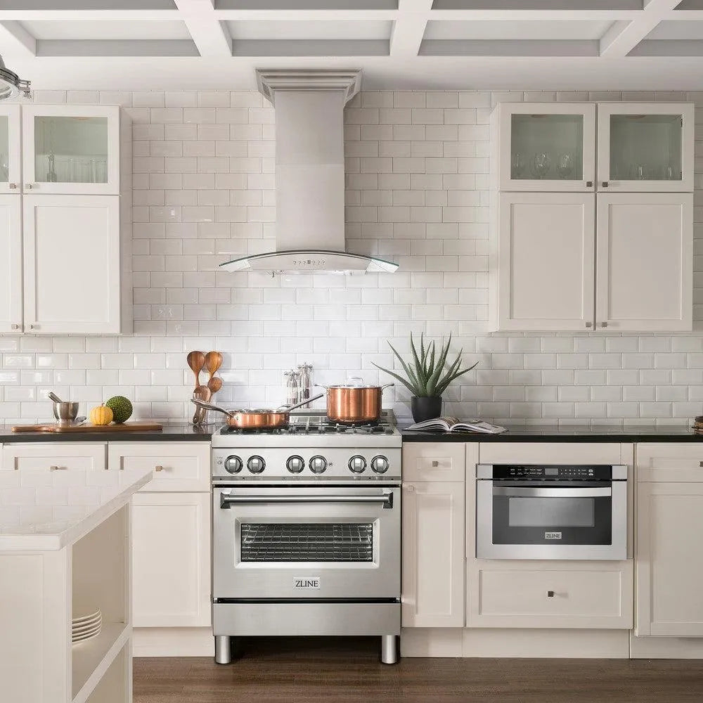 ZLINE 30 in. CrownSound™ Ducted Vent Wall Mount Range Hood in Stainless Steel with Built-in Bluetooth Speakers (KN4CRN-BT-30) in a luxury kitchen.
