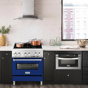 ZLINE 30 in. 4.0 cu. ft. Legacy Dual Fuel Range with 4 Burner Gas Cooktop and Electric Convection Oven in Stainless Steel and Blue Matte Door (RA-BM-30) in a luxury kitchen.