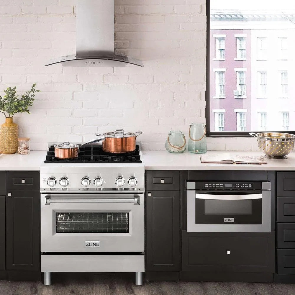 ZLINE 30 in. 4.0 cu. ft. Legacy Dual Fuel Range with 4 Burner Gas Cooktop and Electric Convection Oven in Stainless Steel (RA30) in a luxury kitchen.