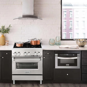ZLINE 30 in. 4.0 cu. ft. Legacy Dual Fuel Range with 4 Burner Gas Cooktop and Electric Convection Oven in Stainless Steel (RA30) in a luxury kitchen.