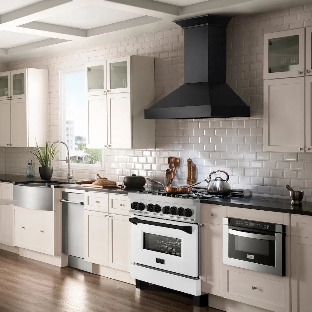 ZLINE Autograph Edition 36 in. 4.6 cu. ft. Legacy Dual Fuel Range with 6 Burner Gas Cooktop and Electric Convection Oven in Satin Stainless Steel with White Matte Door and Matte Black Accents (RASZ-WM-36-MB) in a luxury kitchen.