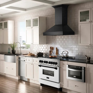 ZLINE Autograph Edition 36 in. 4.6 cu. ft. Legacy Dual Fuel Range with 6 Burner Gas Cooktop and Electric Convection Oven in Satin Stainless Steel with White Matte Door and Matte Black Accents (RASZ-WM-36-MB) in a luxury kitchen.