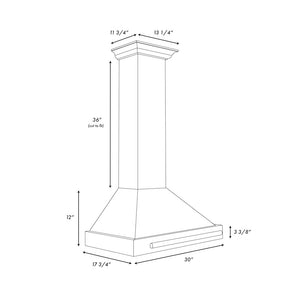 ZLINE 30 in. Convertible Stainless Steel Range Hood with Copper Shell and Stainless Steel Handle (KB4STX-C-30) dimensional diagram.