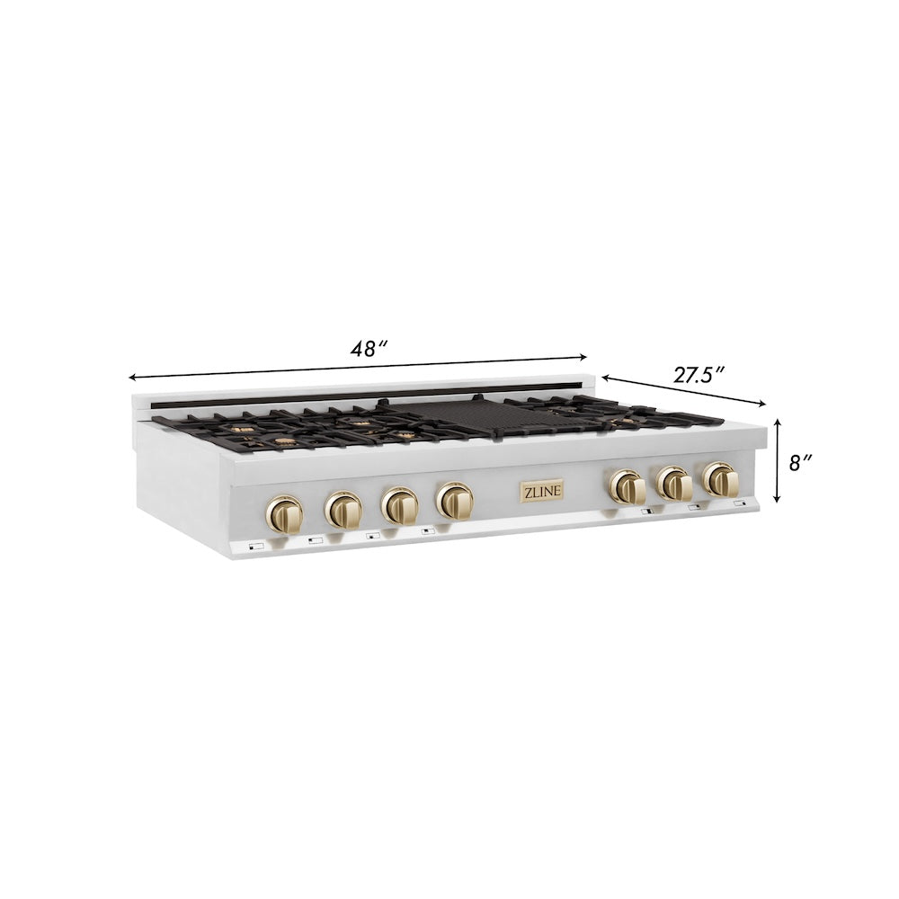 ZLINE Autograph Edition 48 in. Legacy Gas Rangetop with 7 Burners and Porcelain Cooktop in Stainless Steel with Polished Gold Accents (RTZ-48-G) with dimensions labeled.