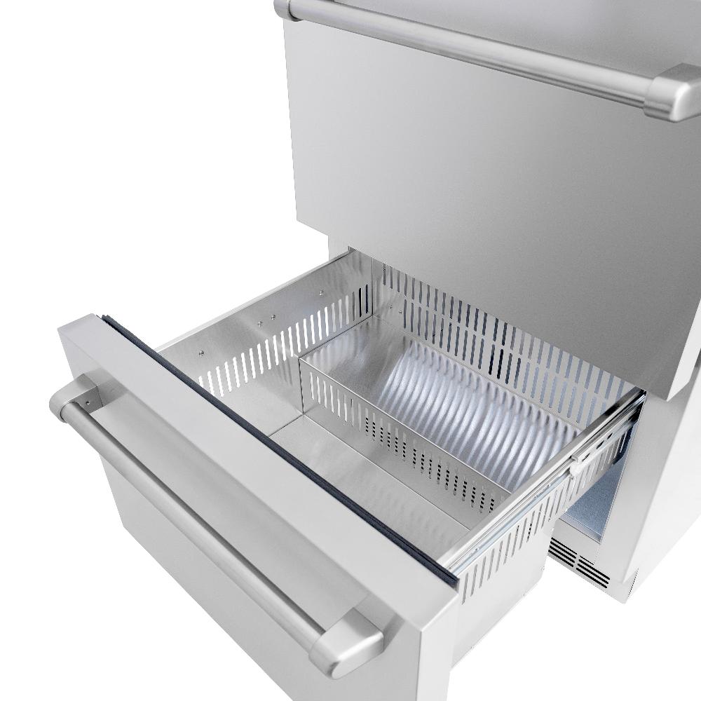 ZLINE 24 in. Touchstone 168 Can Outdoor-Rated Dual Refrigerator Drawer with Stainless Steel Doors (RDSO-ST-24) detail, bottom drawer open and empty.