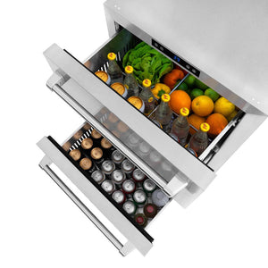 ZLINE 24 in. Touchstone 168 Can Outdoor-Rated Dual Refrigerator Drawer with Stainless Steel Doors (RDSO-ST-24) close-up detail, produce and beverages in top drawer, and beverages in bottom drawer.