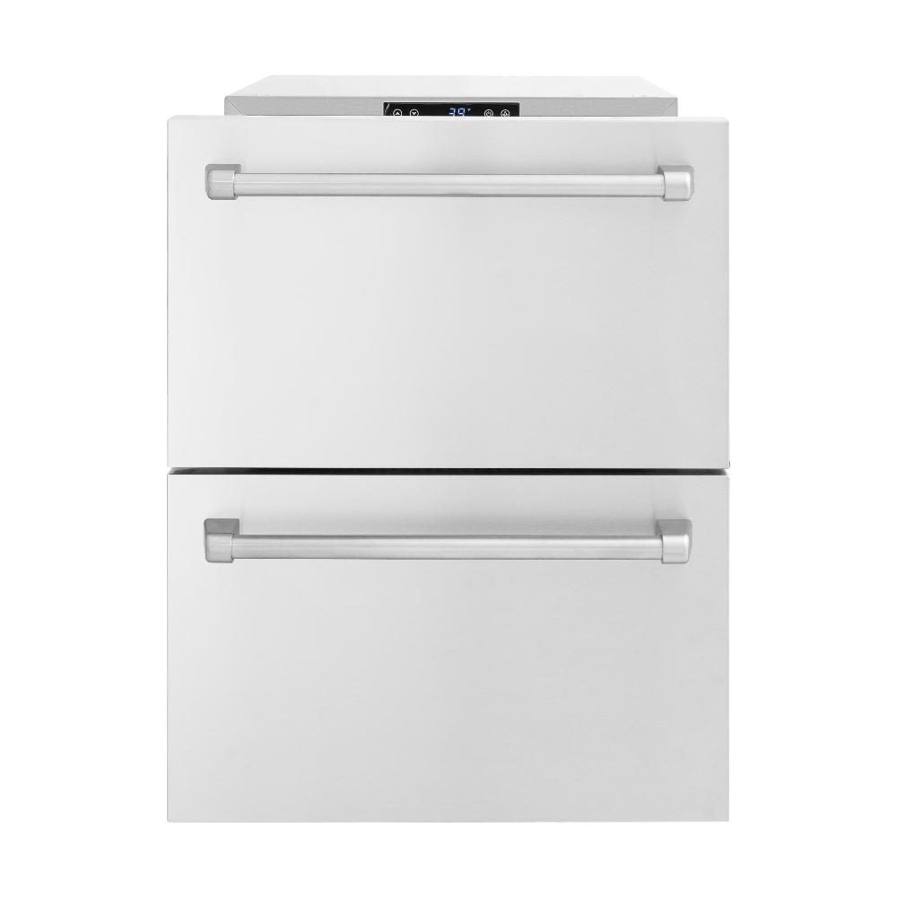 ZLINE 24 in. Touchstone 168 Can Outdoor-Rated Dual Refrigerator Drawer with Stainless Steel Doors (RDSO-ST-24) front, open.