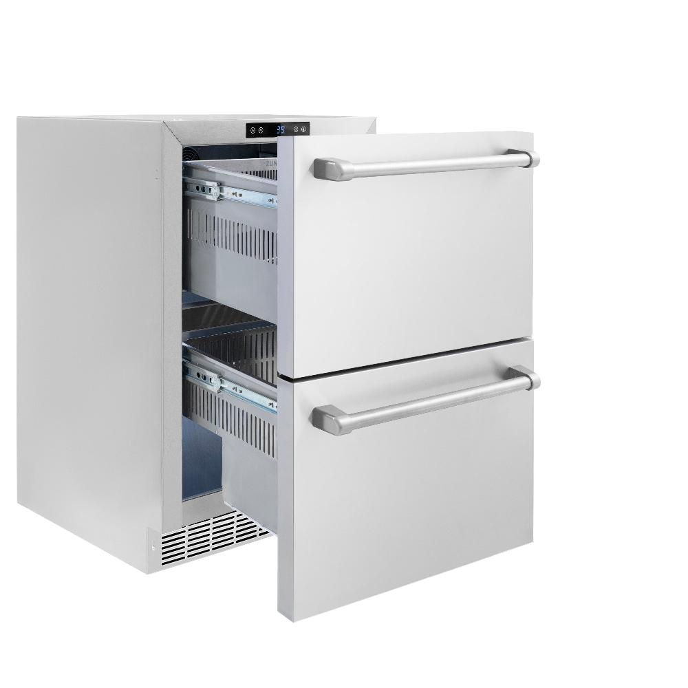 ZLINE 24 in. Touchstone 168 Can Outdoor-Rated Dual Refrigerator Drawer with Stainless Steel Doors (RDSO-ST-24) side, open, empty.