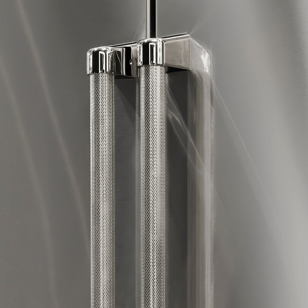 ZLINE Autograph Edition 36 in. 28.9 cu. ft. Standard-Depth French Door External Water Dispenser Refrigerator with Dual Ice Maker in Fingerprint-Resistant Stainless Steel and Polished Nickel Helix Handles (RSMZ-W-36-KPN) two Helix handles on refrigerator exterior showing knurled diamond texture.