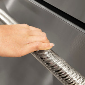 ZLINE Autograph Edition 24 in. Touchstone 168 Can Outdoor-Rated Dual Refrigerator Drawer with Stainless Steel Doors and Polished Nickel Helix Handles (RDSOZ-ST-24-KPN) hand holding Helix handle showing knurled diamond texture.
