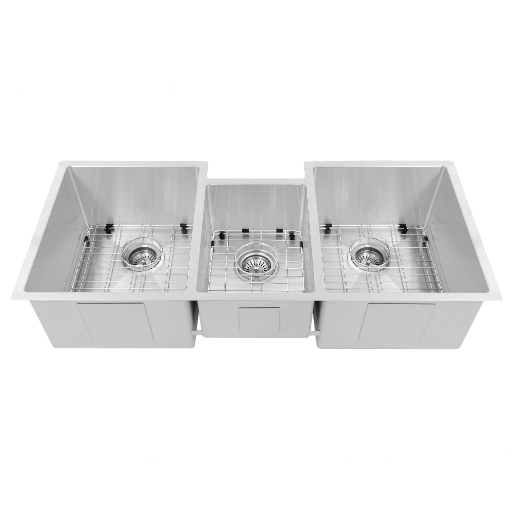 ZLINE Breckenridge 45 in. Undermount Triple Bowl Stainless Steel Kitchen Sink with Bottom Grid and Accessories (SLT-45) front, with grates.