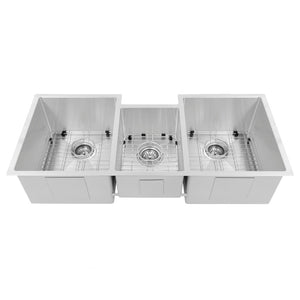 ZLINE Breckenridge 45 in. Undermount Triple Bowl Stainless Steel Kitchen Sink with Bottom Grid and Accessories (SLT-45) front, with grates.